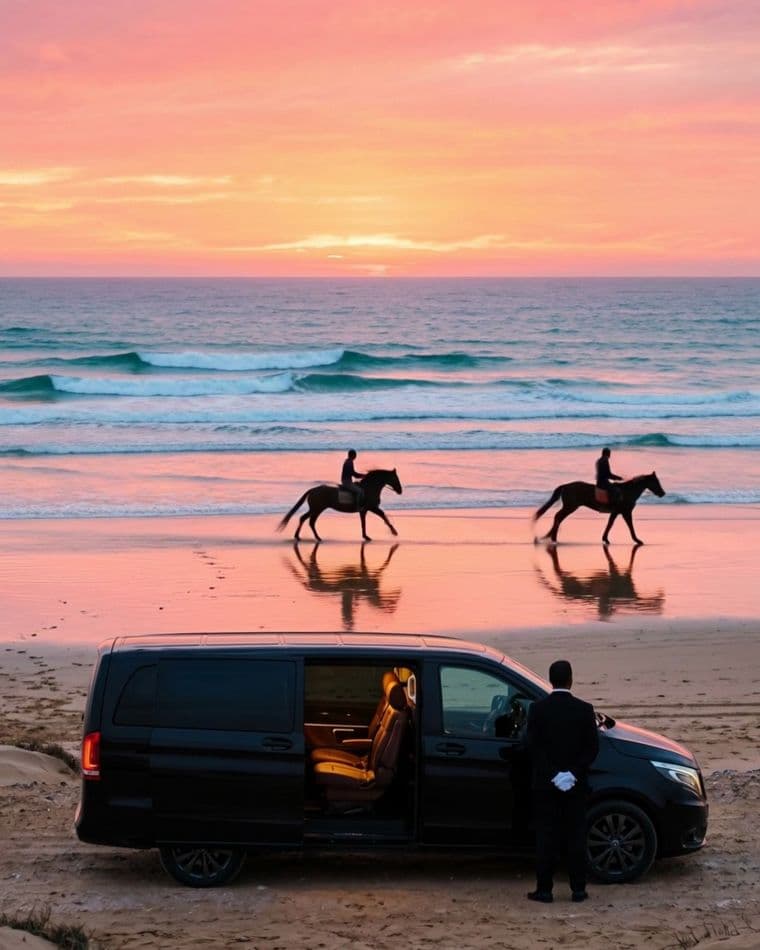 Two riders on the beach at sunset; in front of them, a black van and its chauffeur.