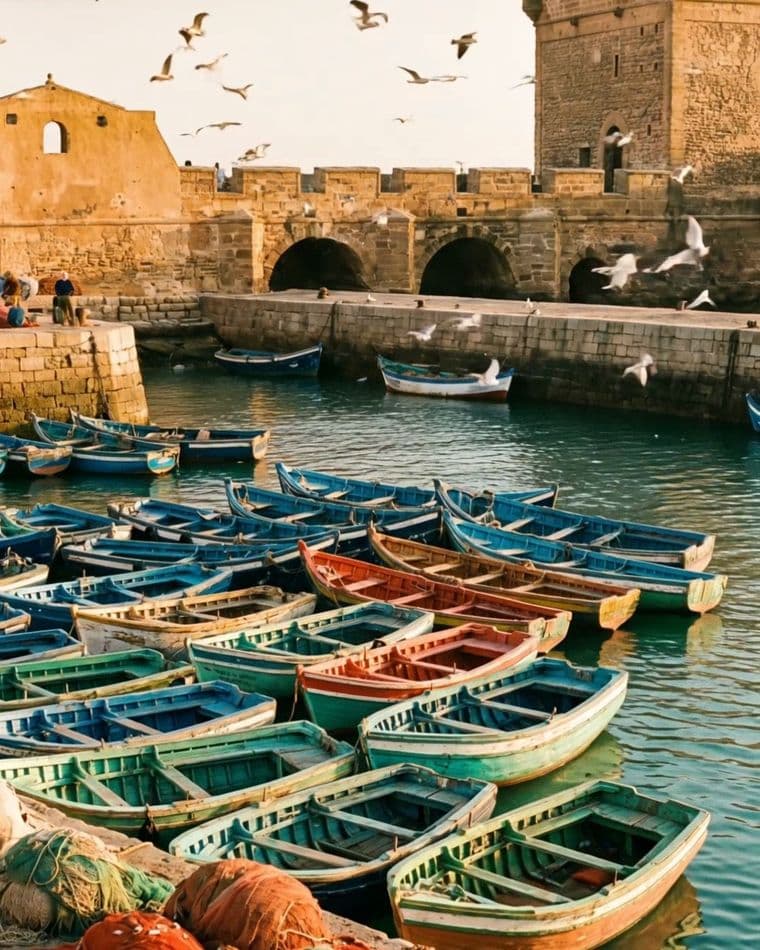 The blue fishing boats of Essaouira harbour, below the old fort.