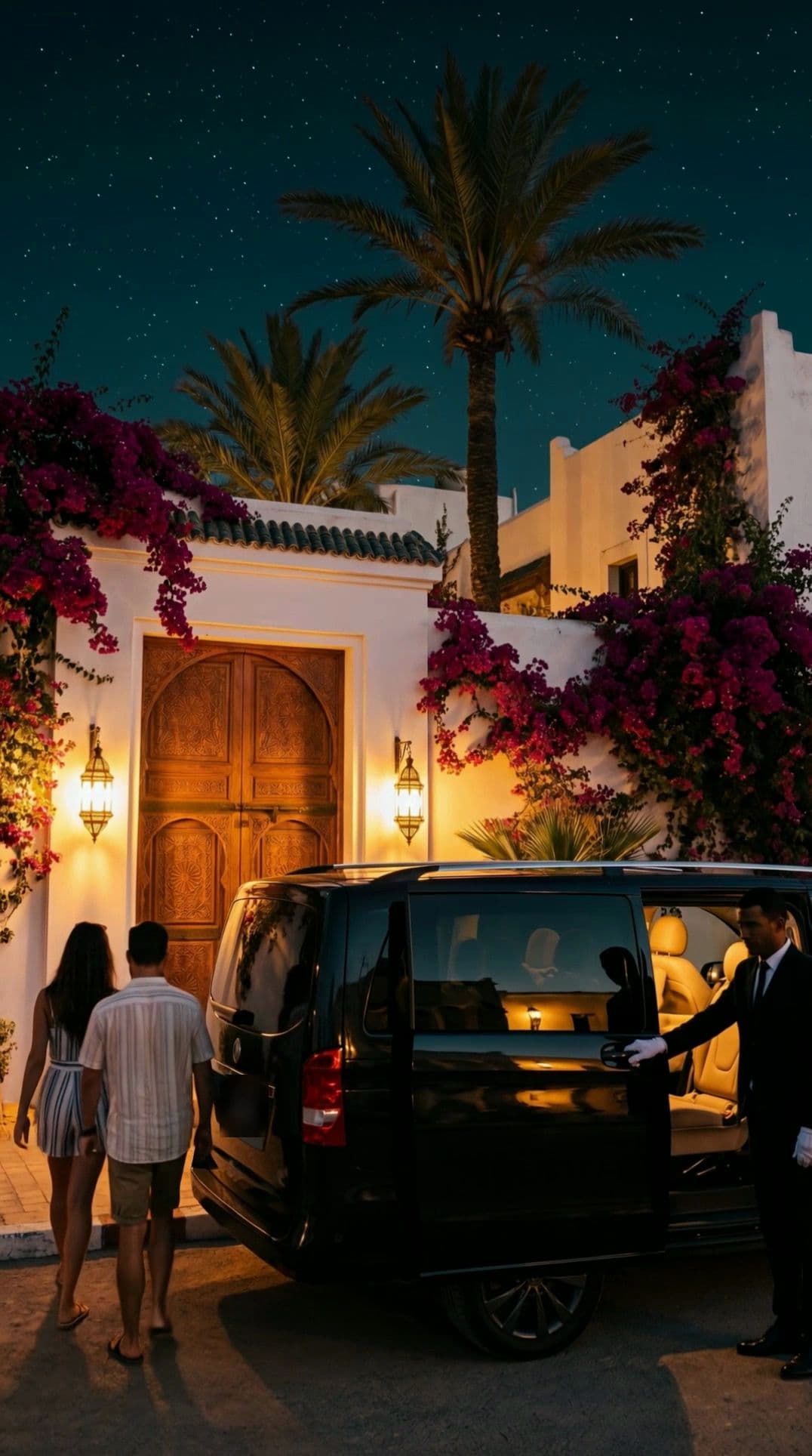 In the evening, outside a riad door, the chauffeur opens the car door for two travellers.