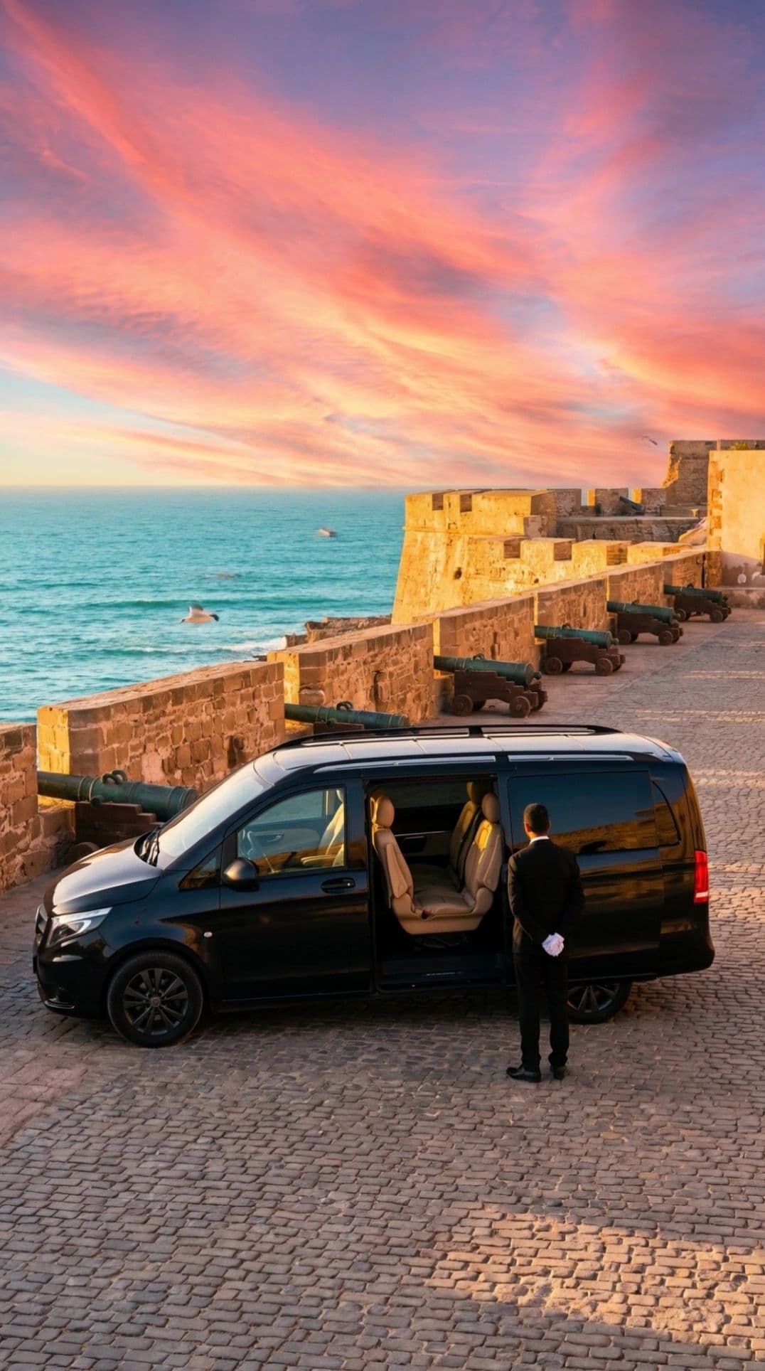 A black van and its chauffeur on the Essaouira ramparts at sunset.